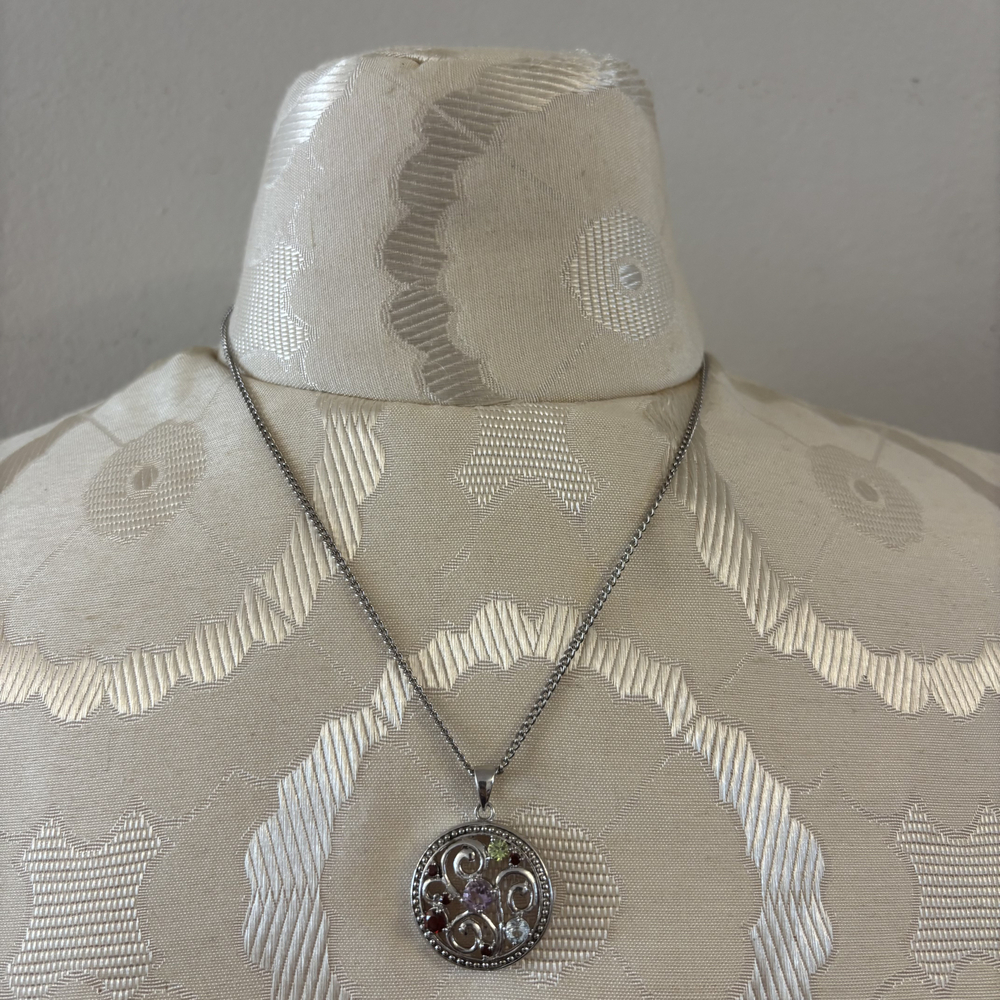 Filigree Multi-Color Faux Gem Pendant Necklace Silver Tone